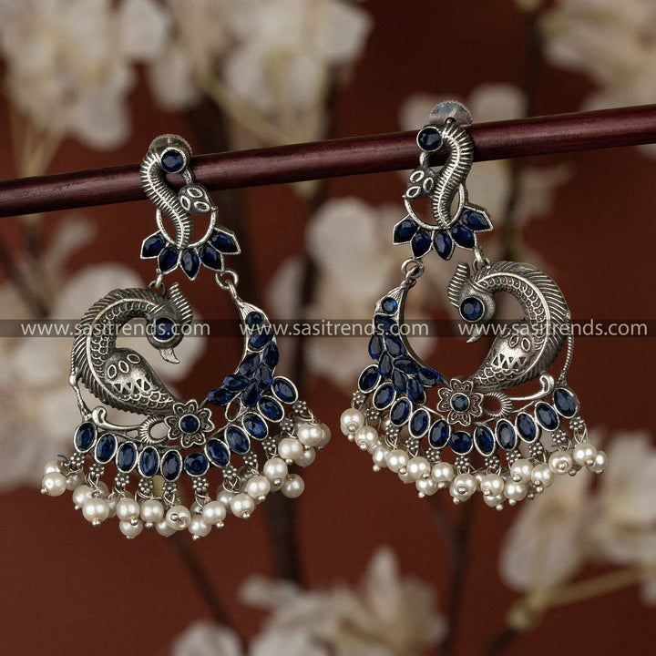 Latest Oxidised Silver Look Peacock Earrings Blue Stone Stud Navarathiri Special Sasitrends Online Shopping