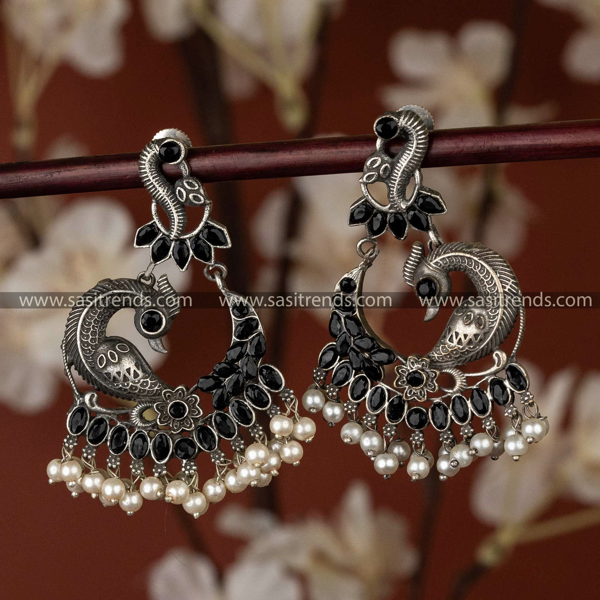 Oxidised Silver Look Peacock Designer Black Stones And Pearls Earrings Sasitrends Online Shopping