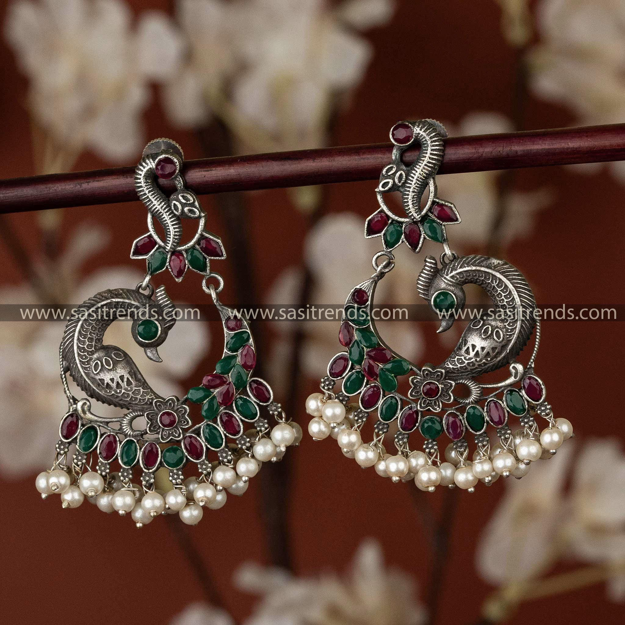 Oxidised Silver Look Peacock Designer Earrings Ruby Green Stones Stud Pearl Hanging 