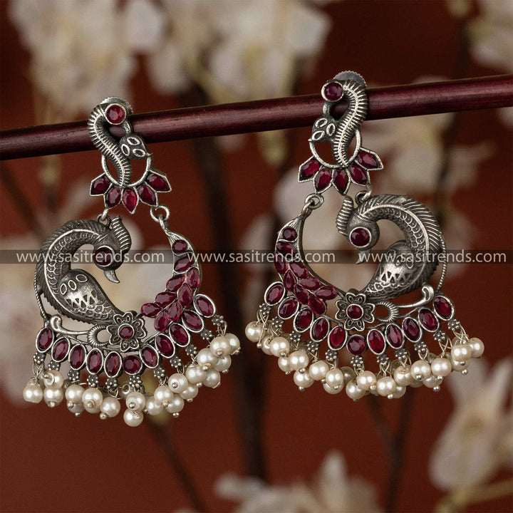 Oxidised Silver-Look Peacock Earrings with Oval Shaped Stones and Pearls