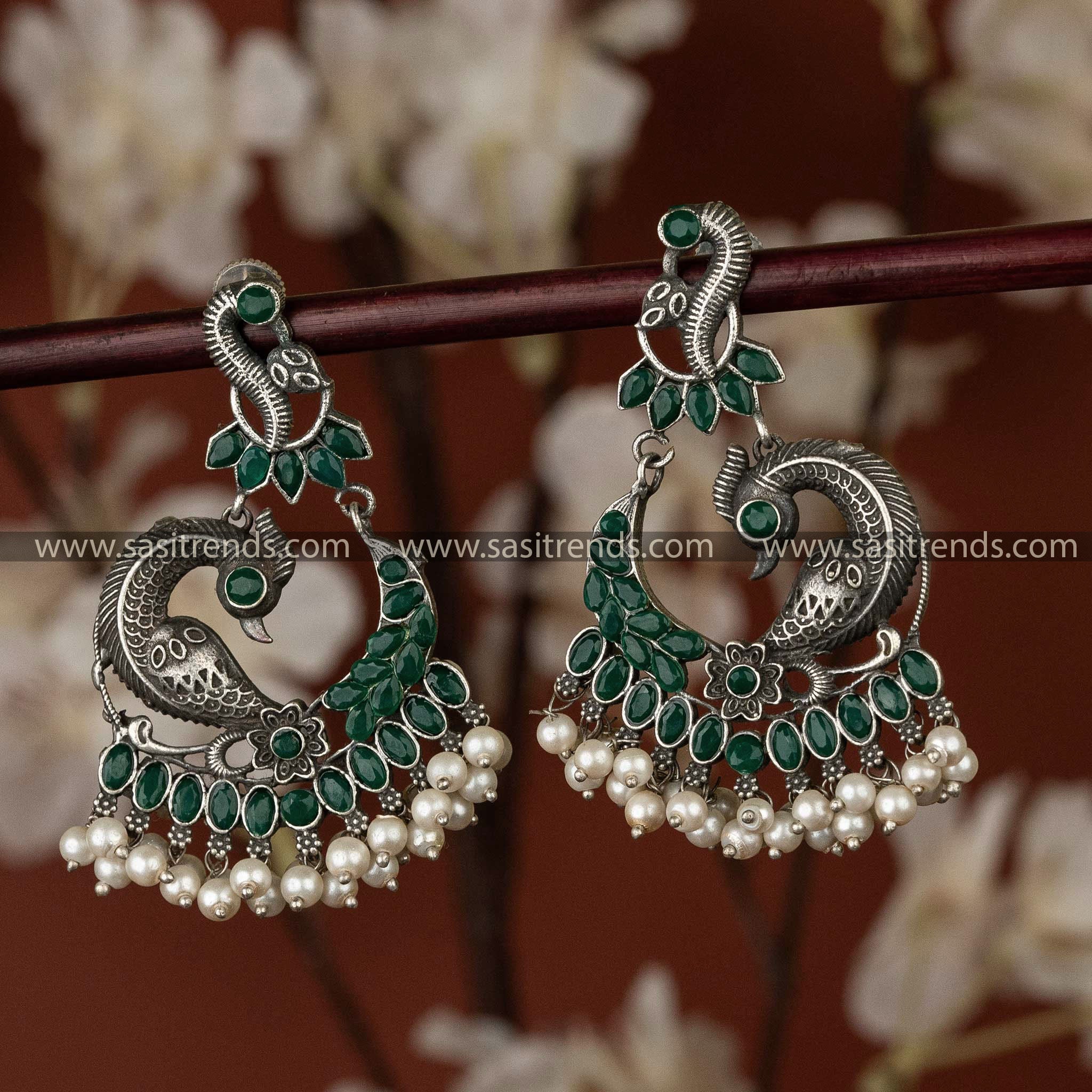 Trendy Oxidised Silver Look Peacock Designer Green Pearls Hanging Elegant Earrings Sasitrends