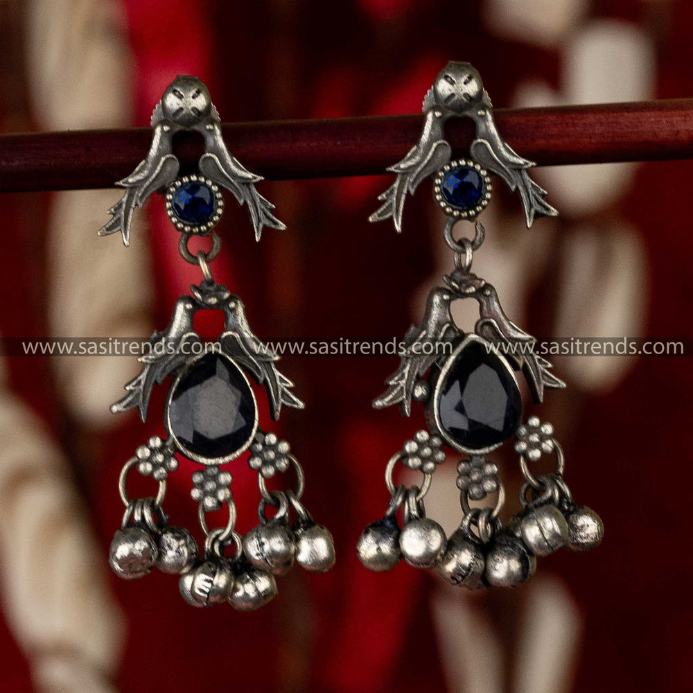 Blue Oxidised Silver Look Alike Bird Motif Flower Elegant Earrings