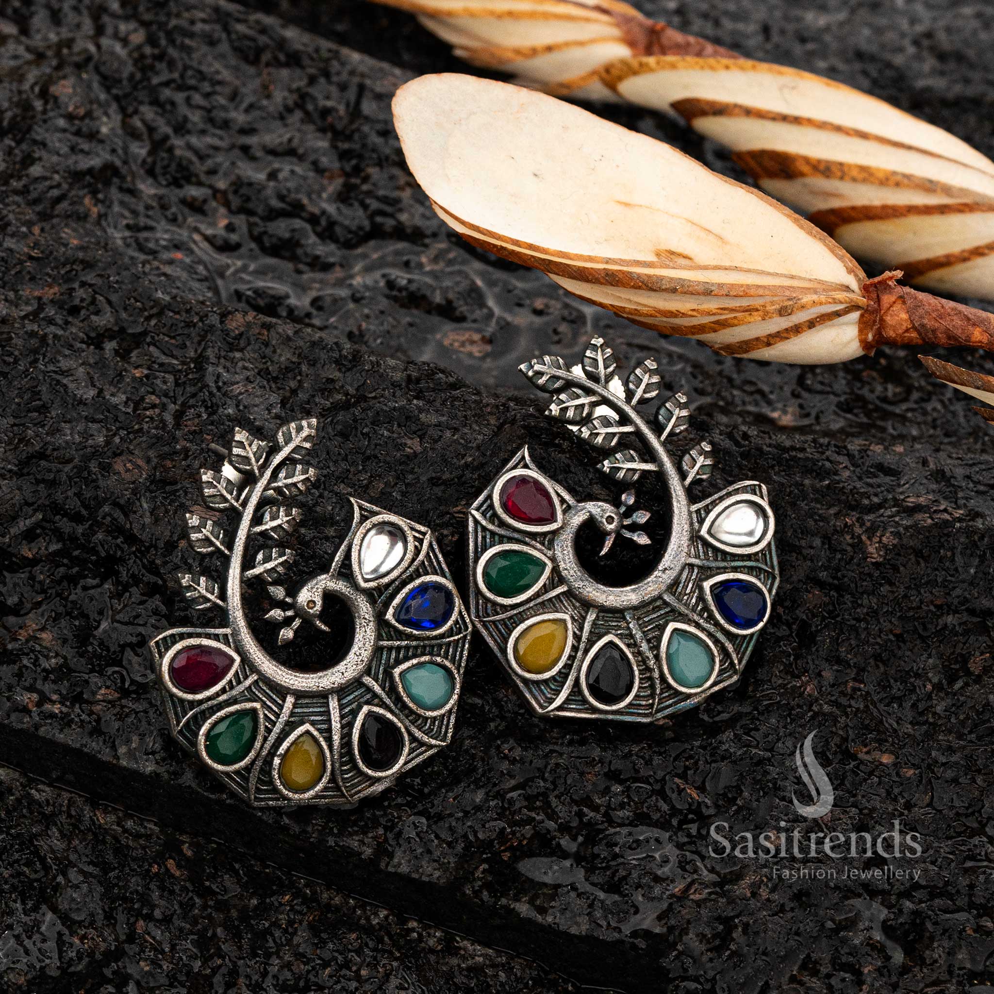 Multi-coloured oxidised peacock earrings with intricate design - Sasitrends 