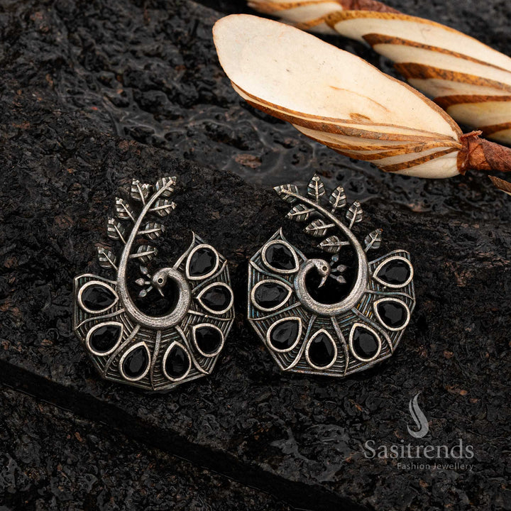 Dazzling Silver Replica Oxidised Peacock Earrings with Multi-Coloured Stones - Sasitrends