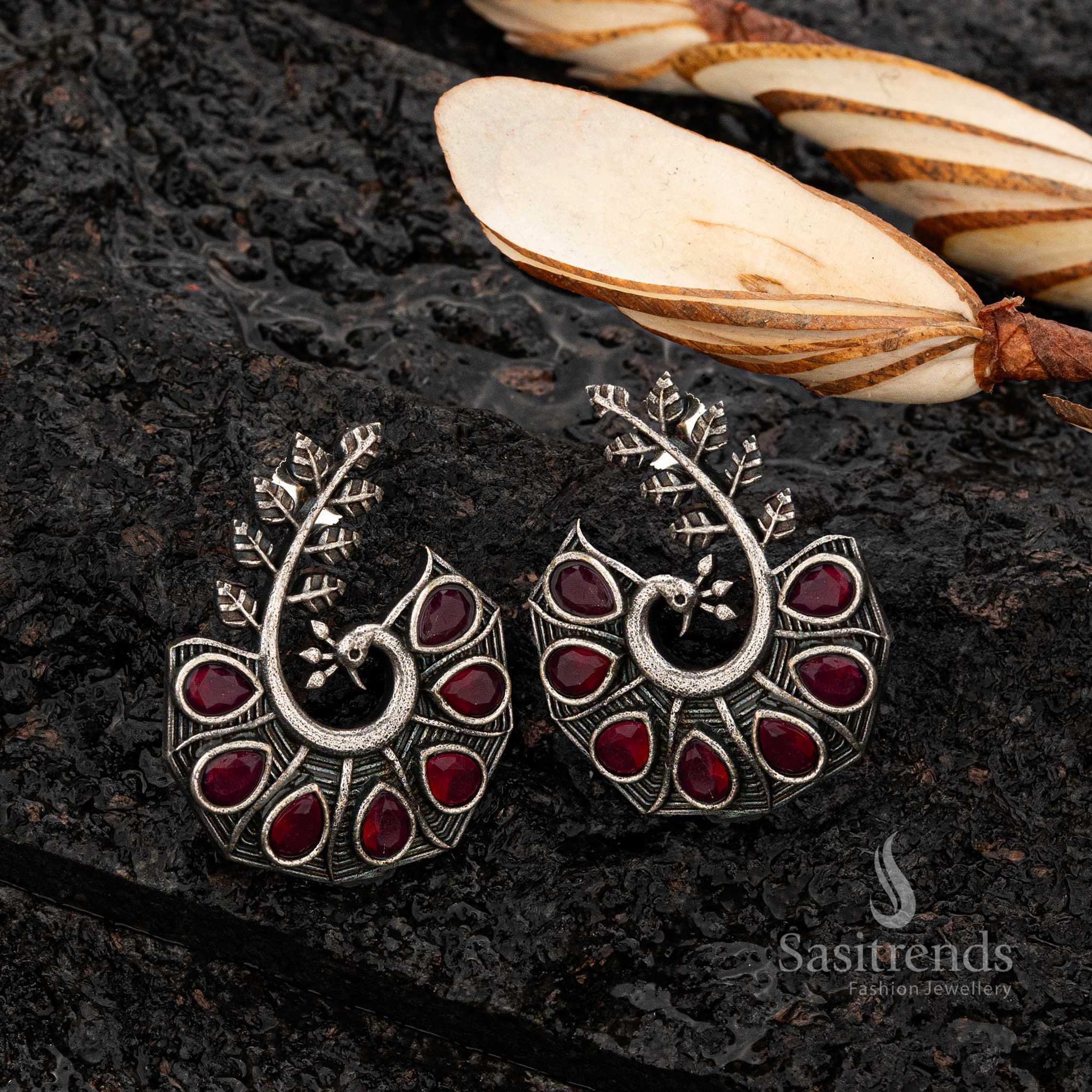 Elegant Ruby oxidised peacock earrings for festive occasions - Sasitrends 