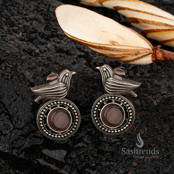 Dark Pink cabochon stone bird motif oxidised earrings for ethnic wear - Sasitrends