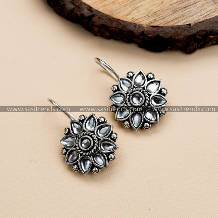 Latest Flower Pattern Oxidized German Silver Hook Earrings