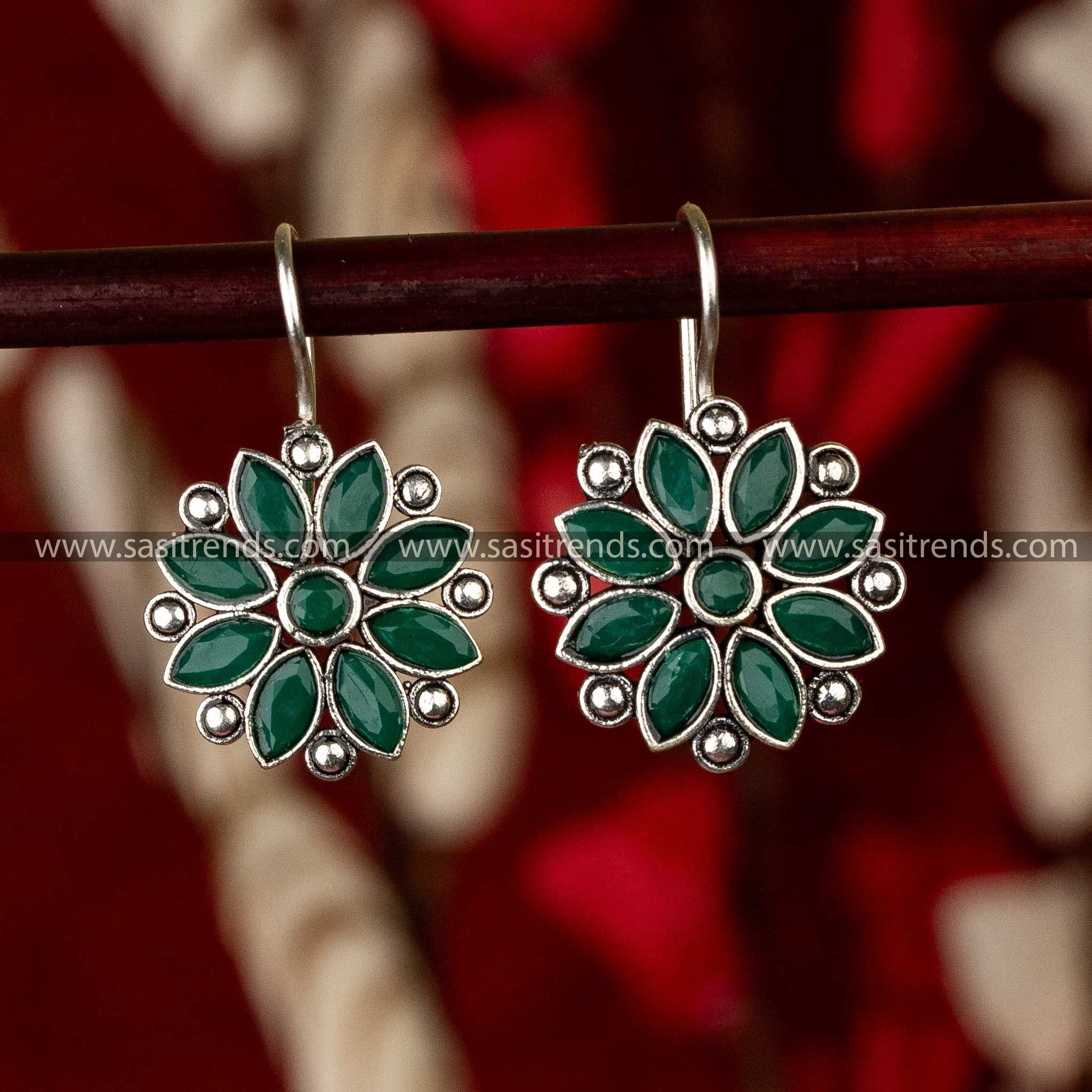 Dark Green Floral Designer Oxidised Earrings Online Shopping