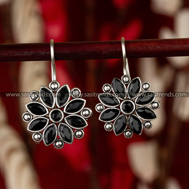 Latest Oxidised Black Stone Stud Floral Earrings Sasitrends 