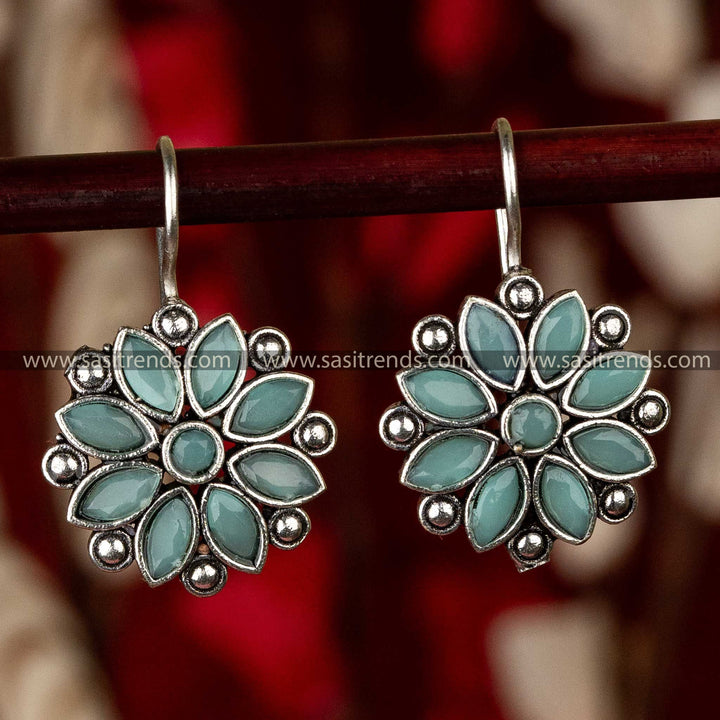 Oxidised Silver Floral Designer Mint Stone Stud Earrings