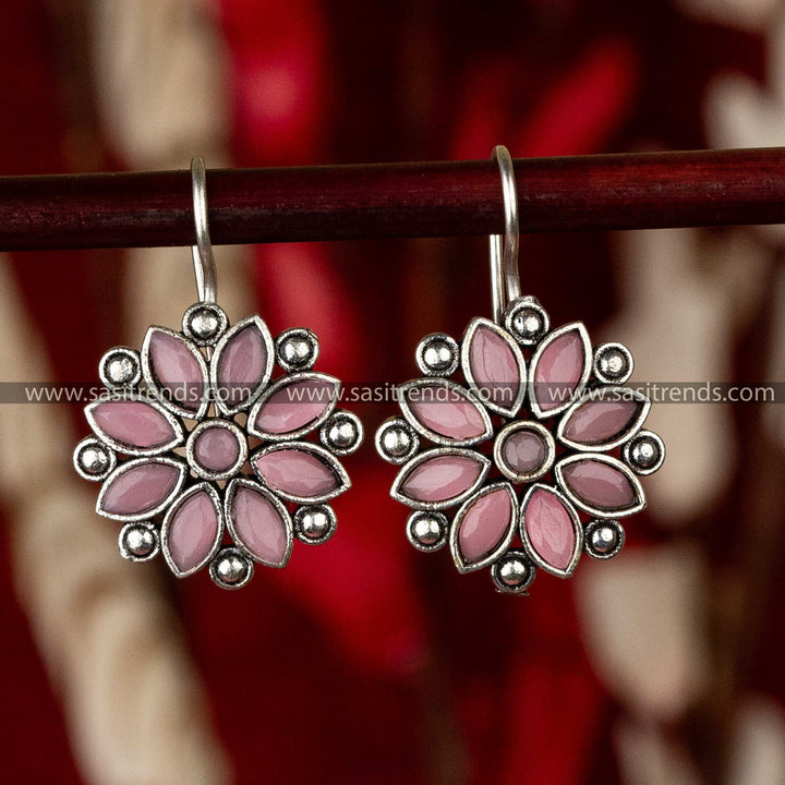 Pink Stones Stud Oxidised Navarathiri Special Earrings Sasitrends