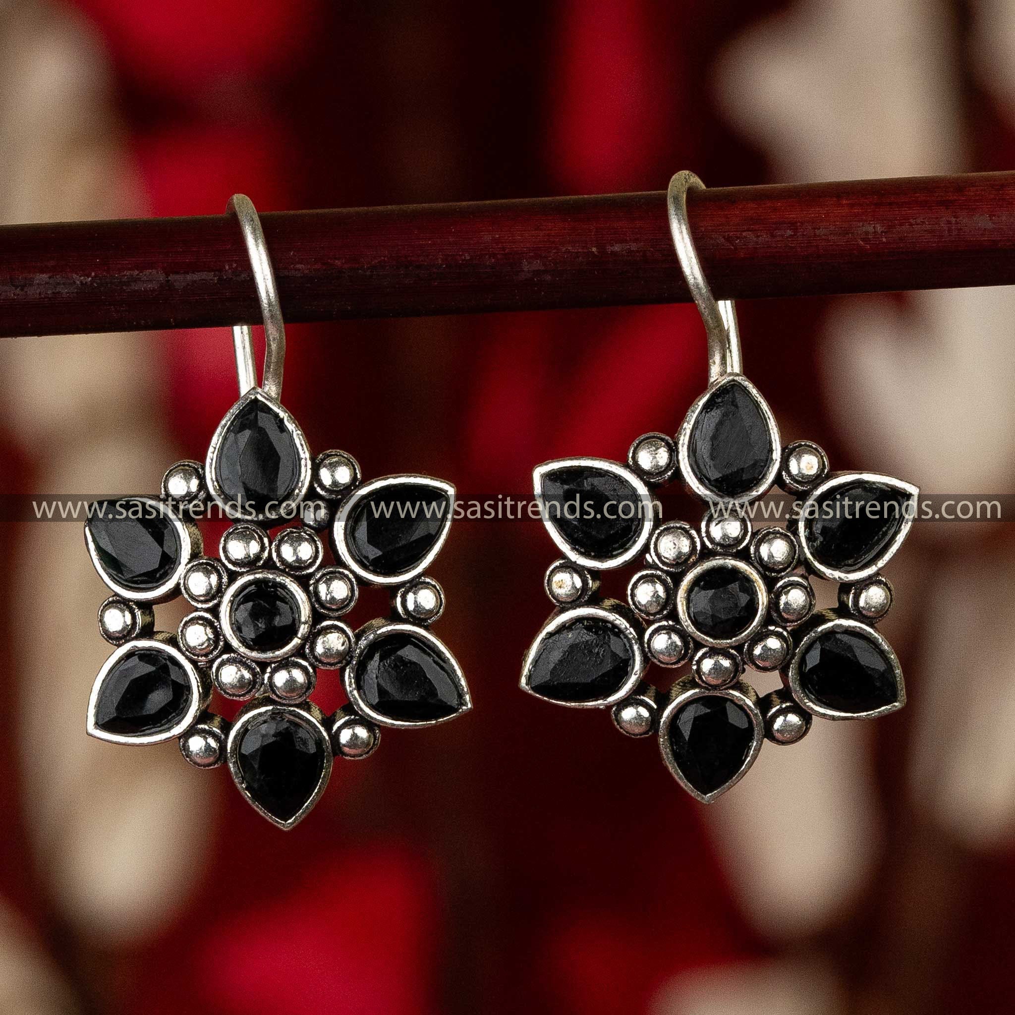 Elegant Oxidised Flower Designer Fish Hook Earrings Sasitrends