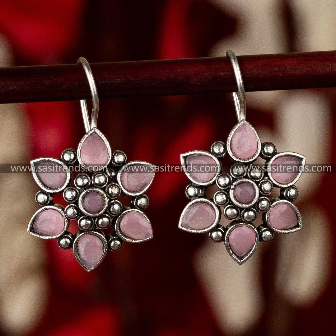 Latest Oxidised Pink Stone Elegant Flower Designer Earrings Online Shopping