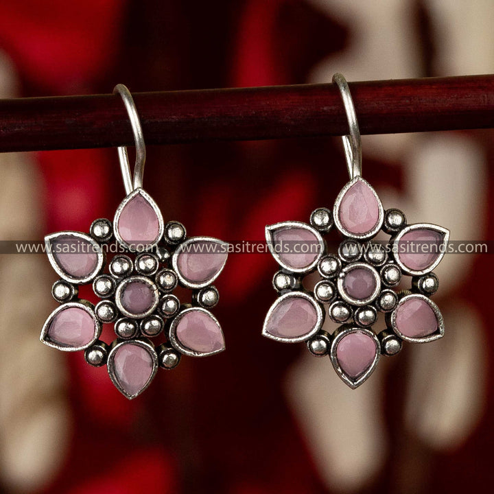 Sasitrends - Handcrafted Oxidised Floral Earrings with Teardrop Gemstones