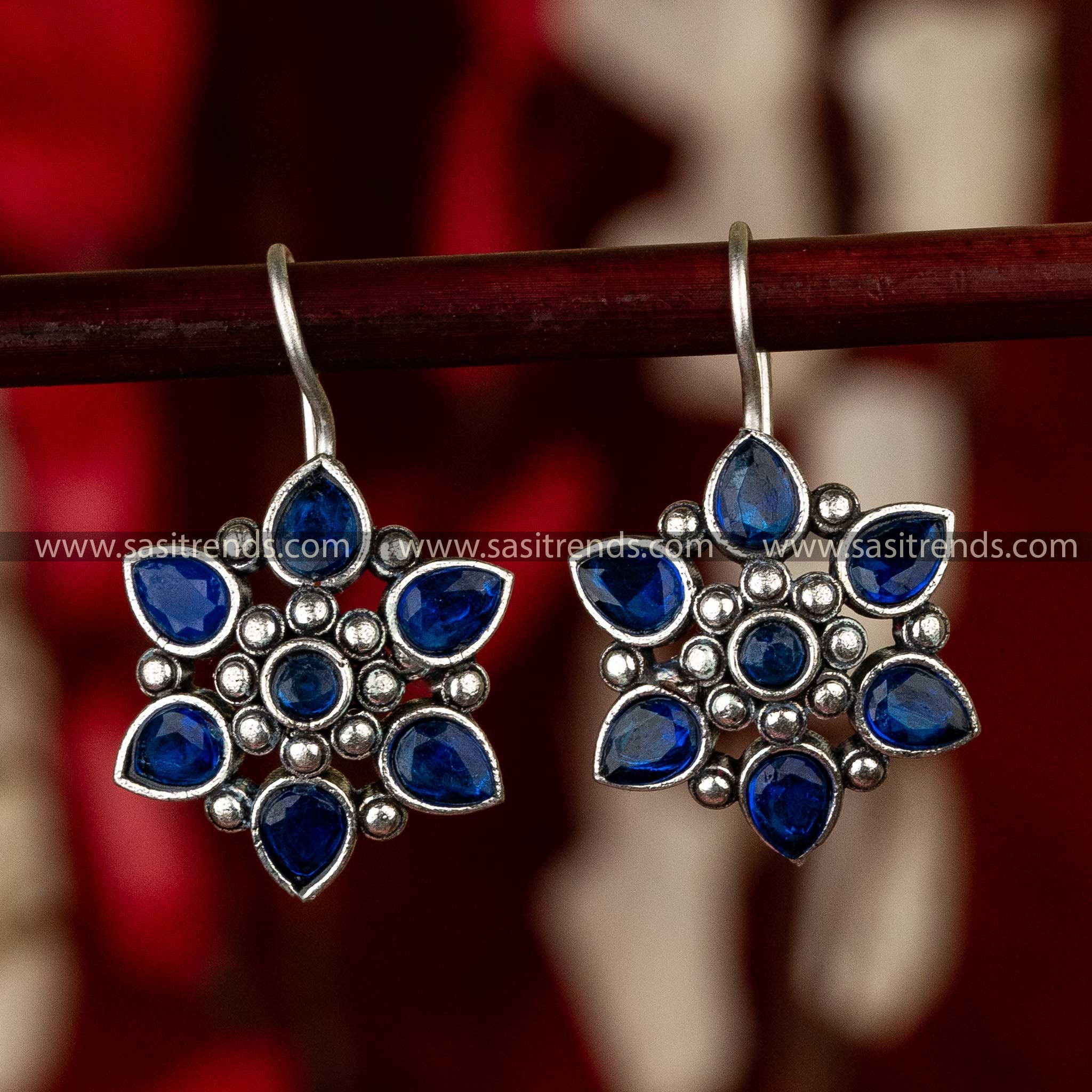 Oxidised Blue Stone Stud Floral Designer Sasitrends Online Shopping