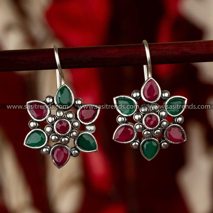 Trendy Oxidised Ruby Green Stone Flower Designer Fish Hook Earrings Sasitrends