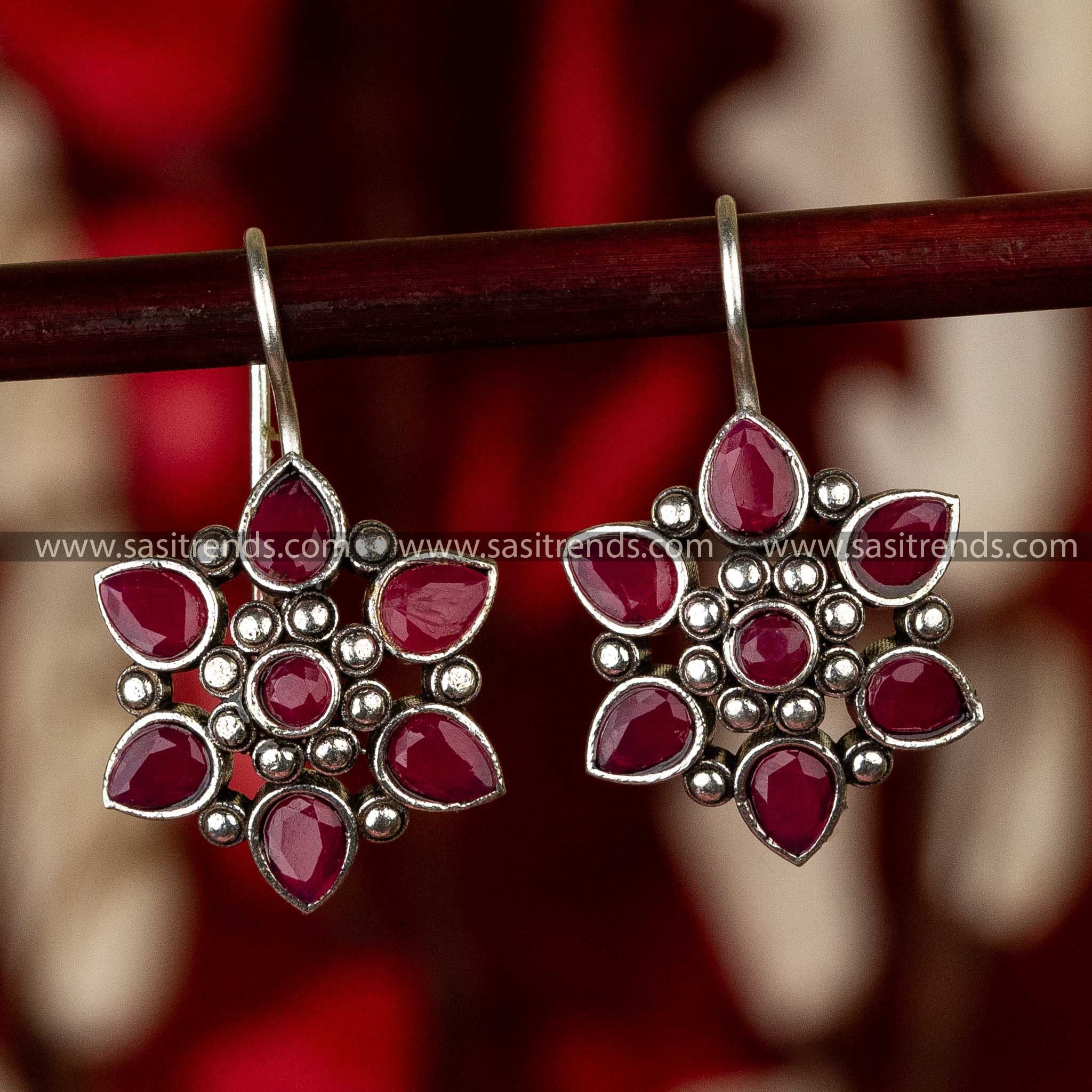 Trendy Oxidised Ruby Stone Fish Hook Earrings Sasitrends Online Shopping