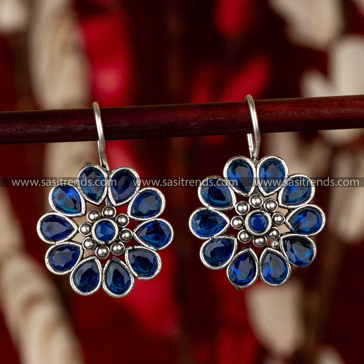 Sasitrends - Elegant Oxidised Silver Floral Earrings with Waterdrop and Round Gemstones - Sasitrends