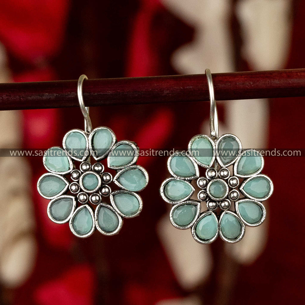 Sasitrends - Elegant Oxidised Silver Floral Earrings with Waterdrop and Round Gemstones - Sasitrends