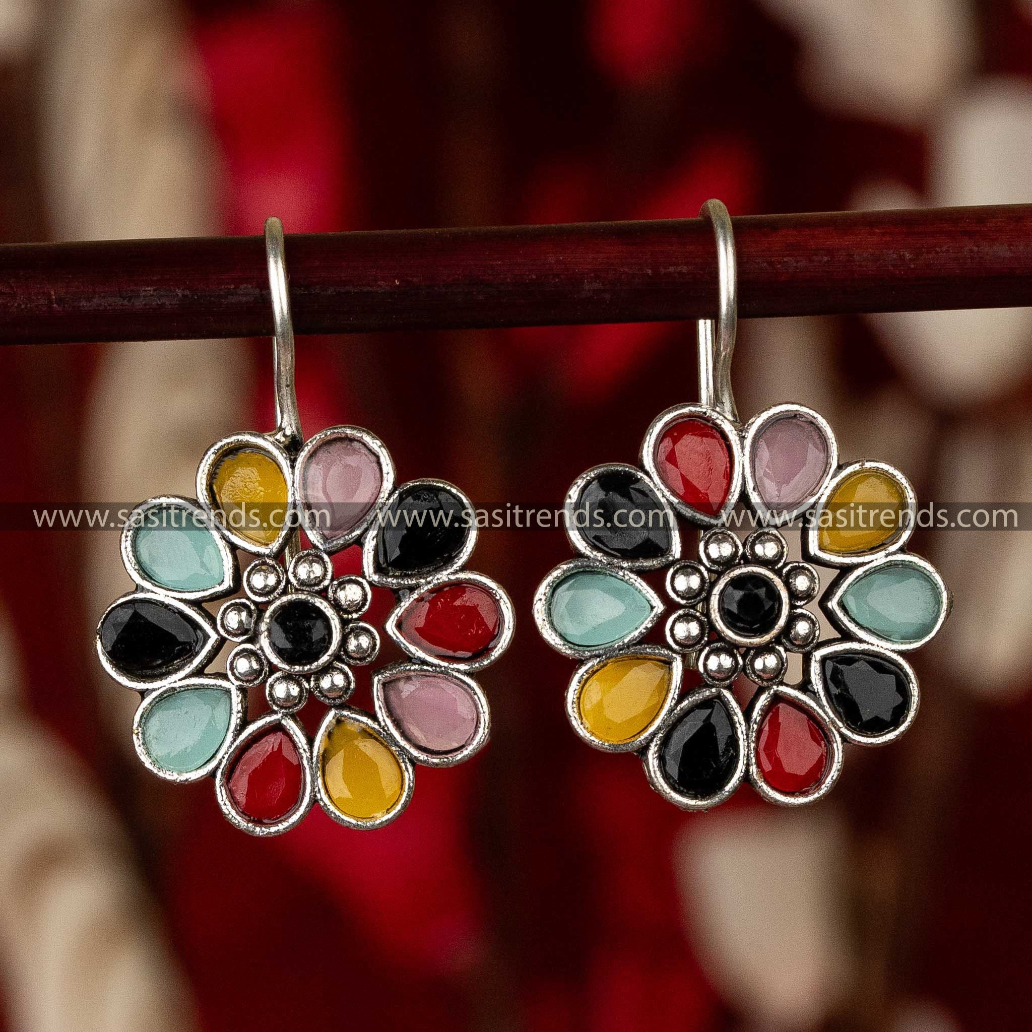 Sasitrends - Elegant Oxidised Silver Floral Earrings with Waterdrop and Round Gemstones - Sasitrends