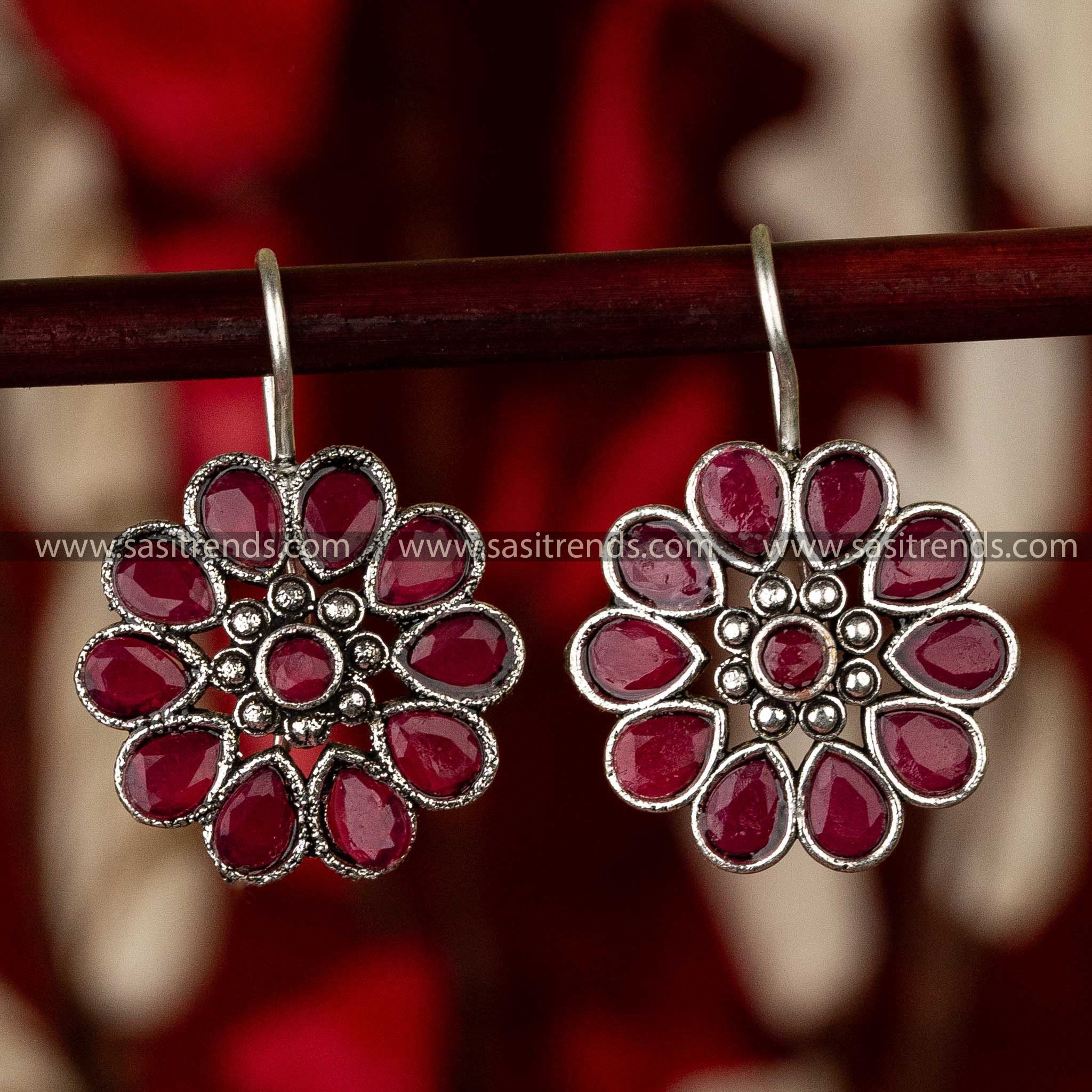 Sasitrends - Elegant Oxidised Silver Floral Earrings with Waterdrop and Round Gemstones - Sasitrends