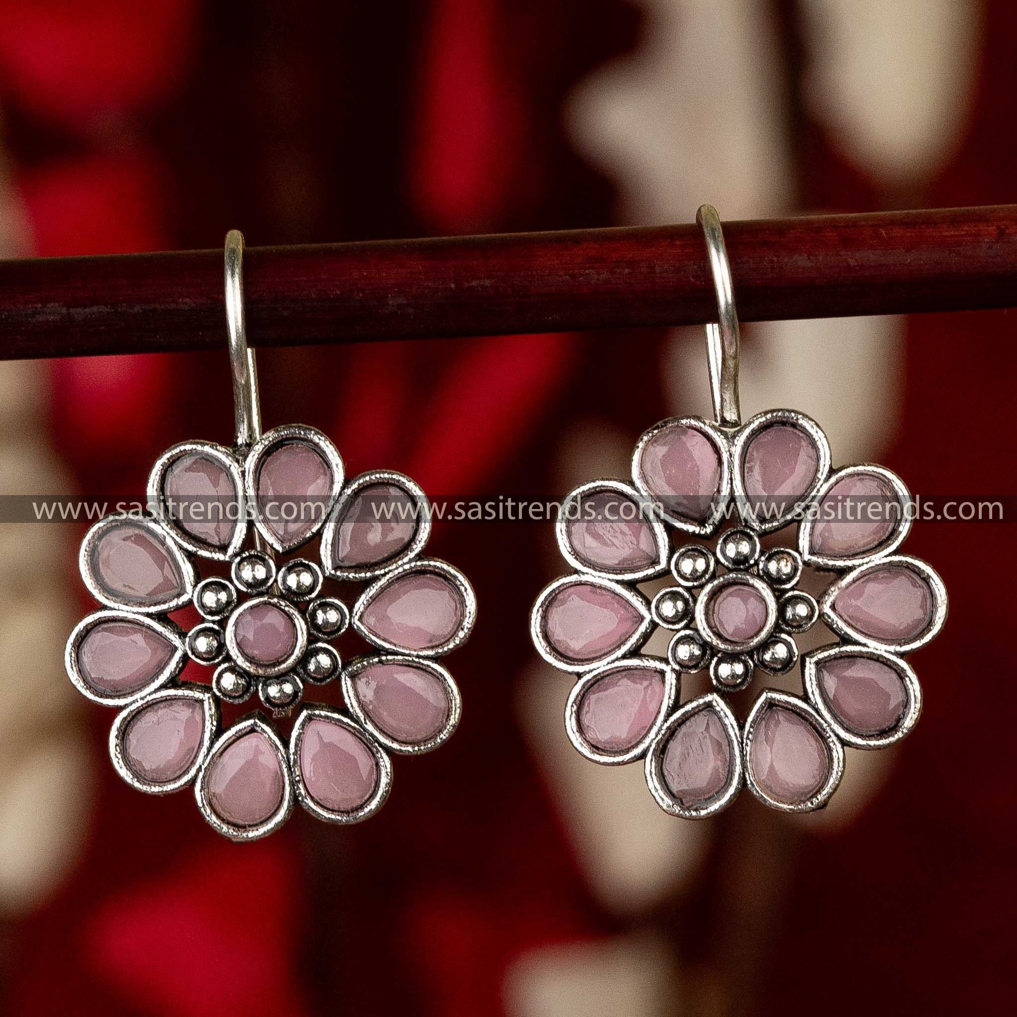 Sasitrends - Elegant Oxidised Silver Floral Earrings with Waterdrop and Round Gemstones - Sasitrends