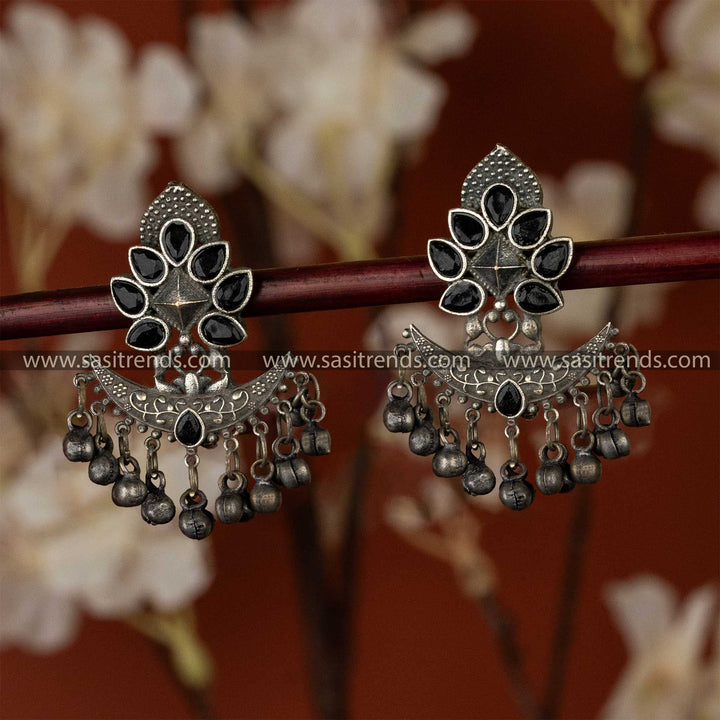 Oxidised Silver-Look Floral Earrings with Waterdrop Stones and Ghungroo Beads