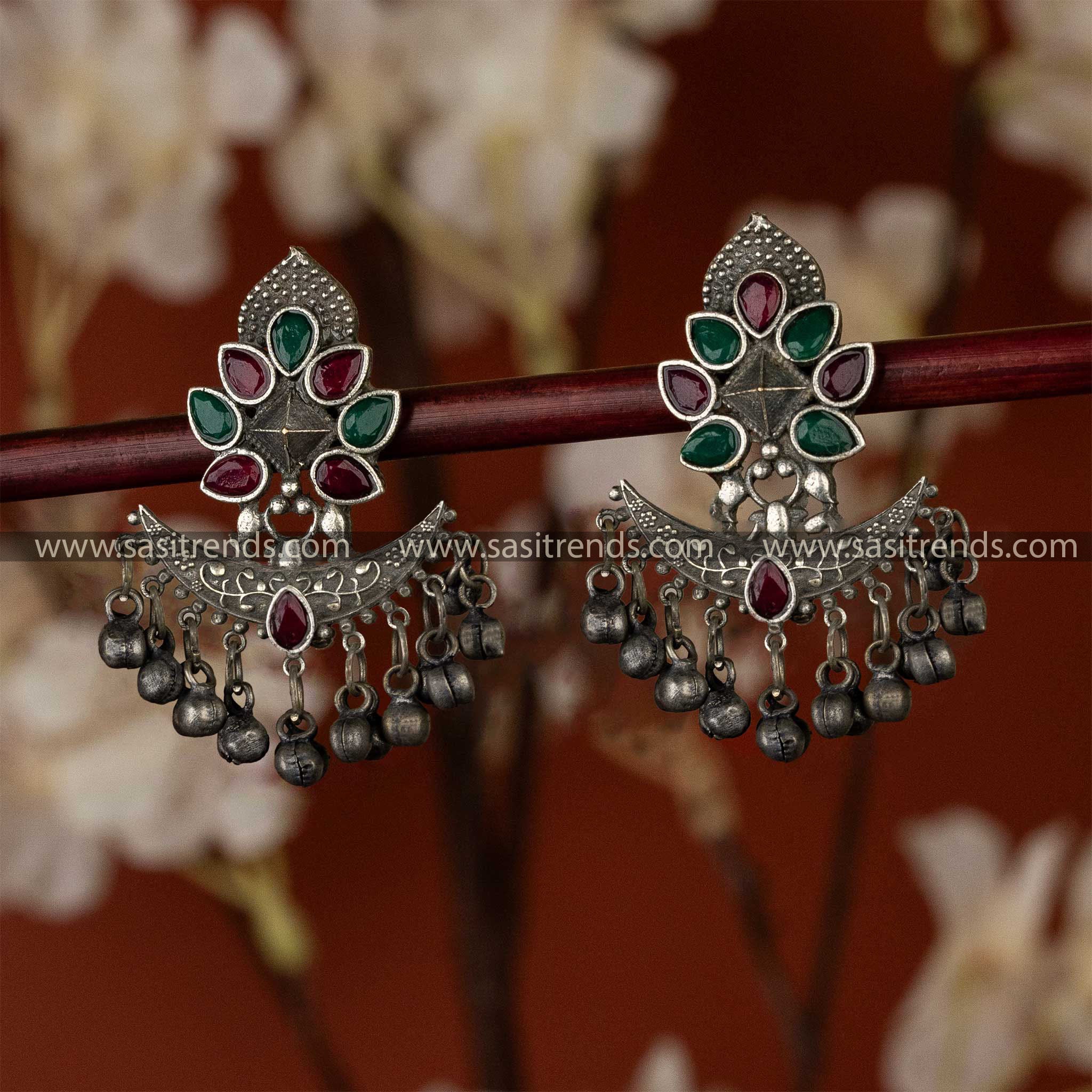 Latest Oxidised Ruby Green Stones Ghungroo Beads Hanging Floral Designer Earrings Sasitrends Online Shopping