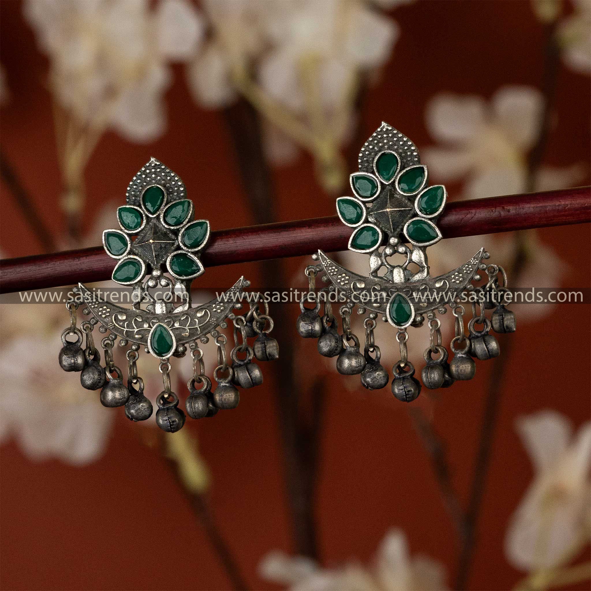 Trendy Oxidised Green Stones Stud Floral Designer Ghungroo Beads Navarathiri Special Earrings