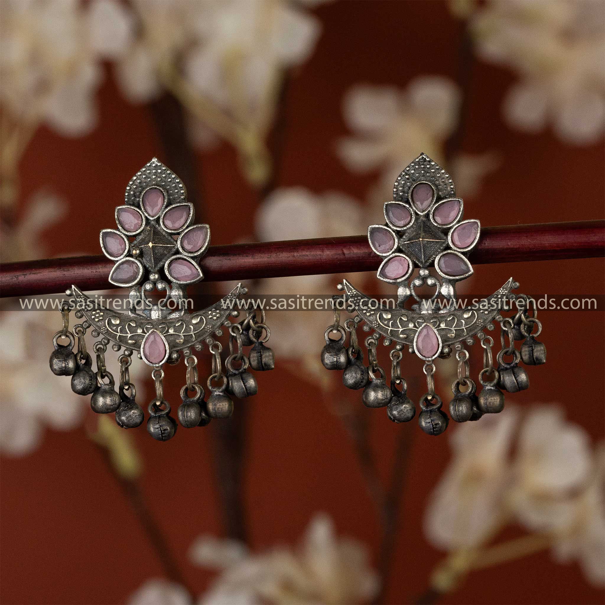 Trendy Oxidised Pink Stones Stud Floral Designer Ghungroo Beads Navarathiri Special Earrings