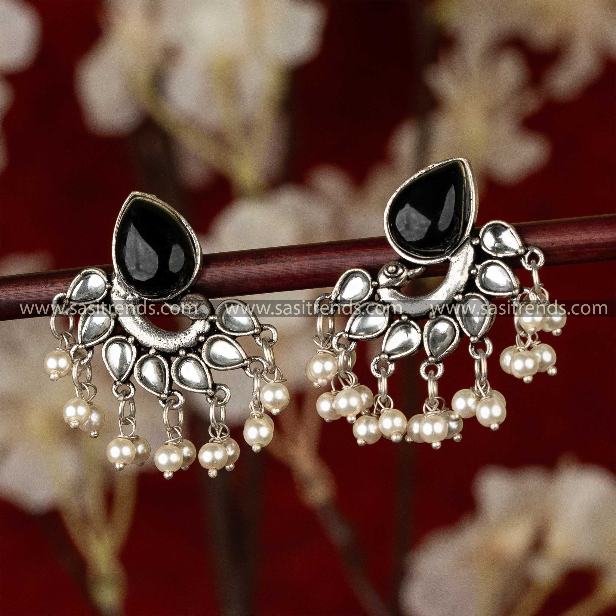 Traditional Oxidised Peacock Designer Black White Stone Earrings Navarathiri Special Elegance