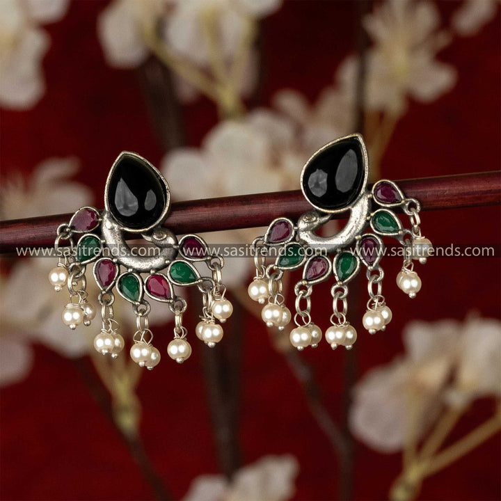 Trendy Oxidised Black Ruby Green Stones Studded Peacock Designer Pearls Hanging Earrings