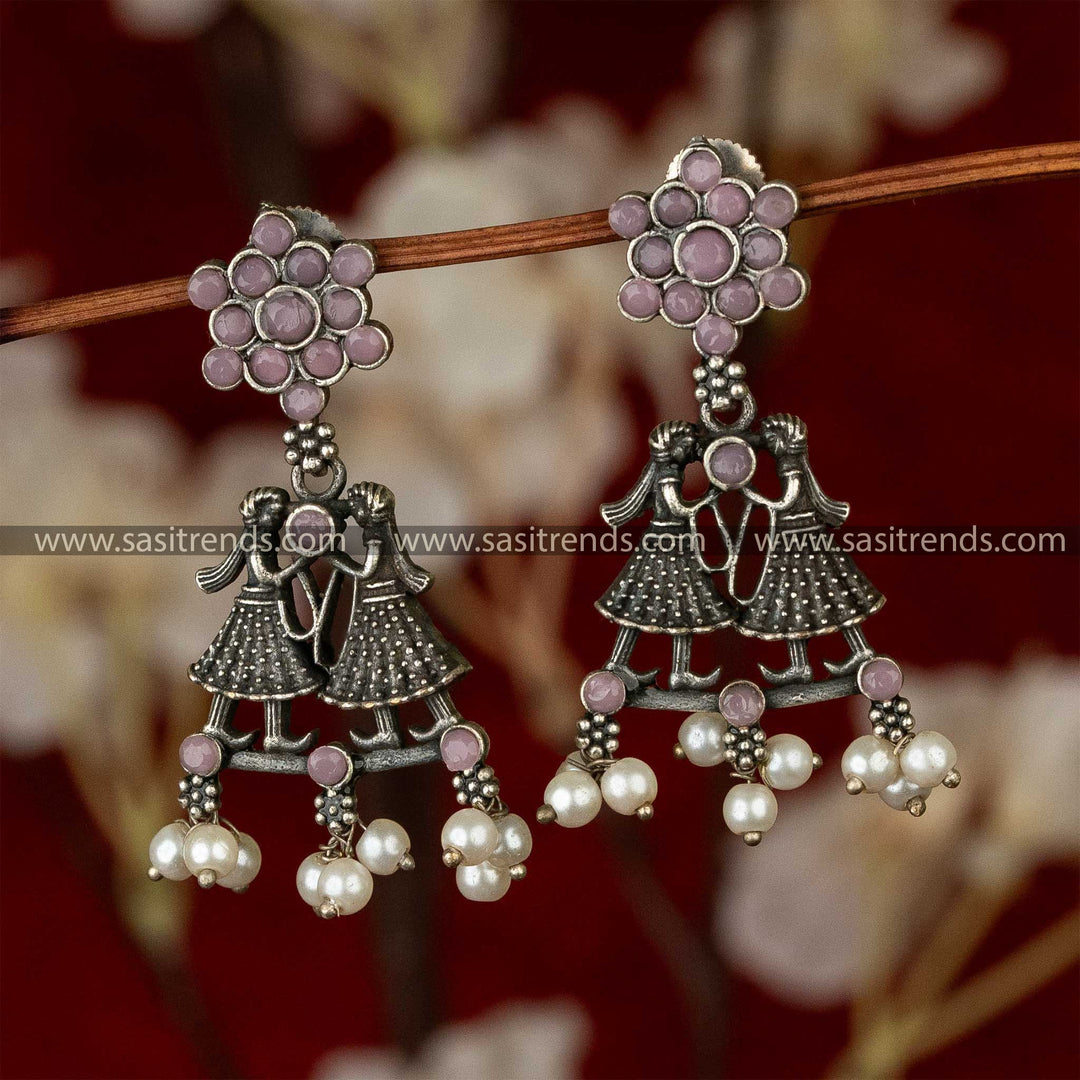 Elegance Oxidised Silver Tiara Tale Pink Stone Stud Earrings Sasitrends Online Shopping