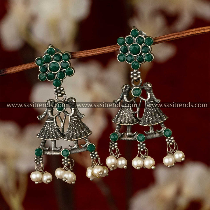 Elegant Oxidised Silver Tiara Tale Green Stones Stud Earrings Sasitrends Online Shopping