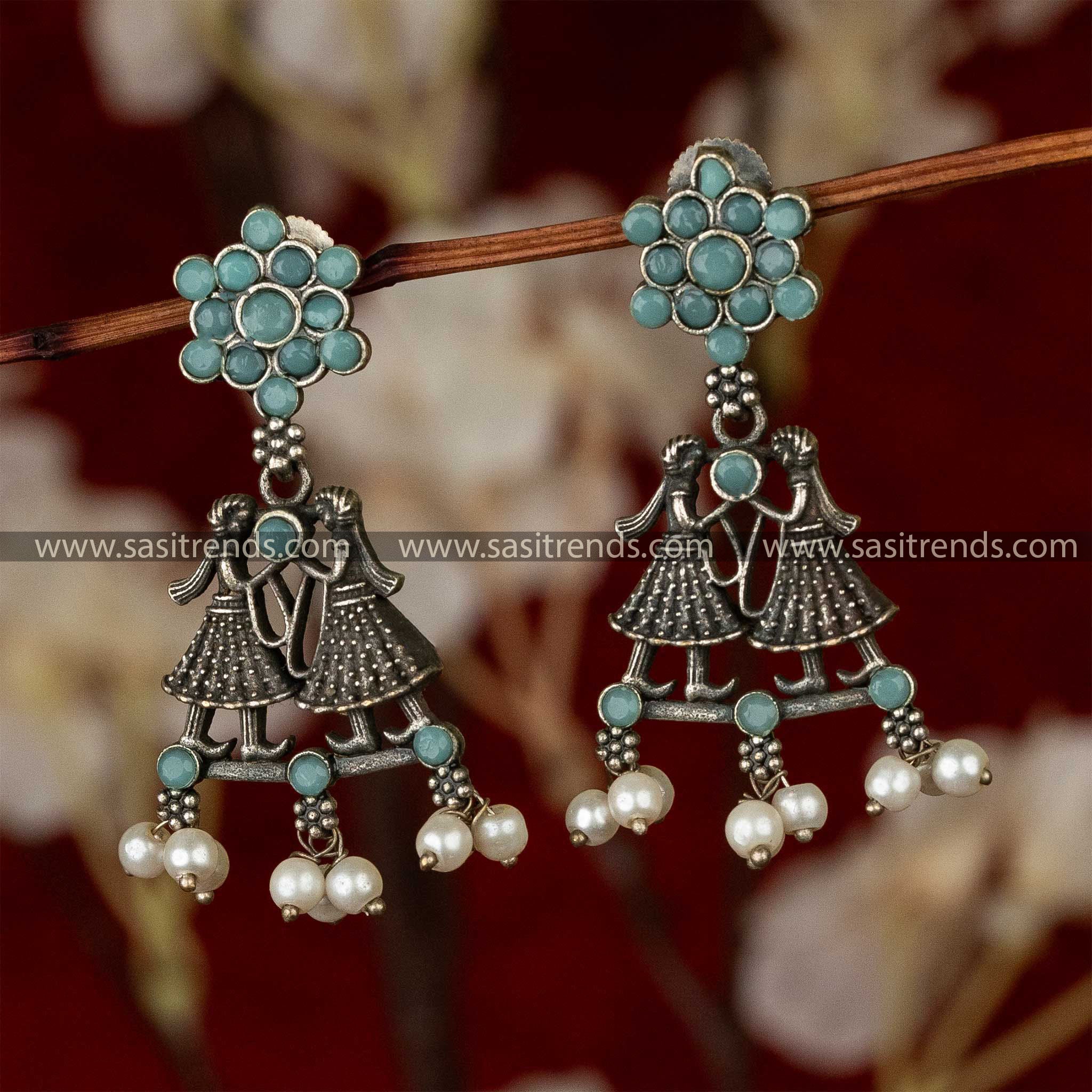 Latest Oxidised Silver Mint Stone Stud Love Dance Pearl Hanging Eariings Sasitrends