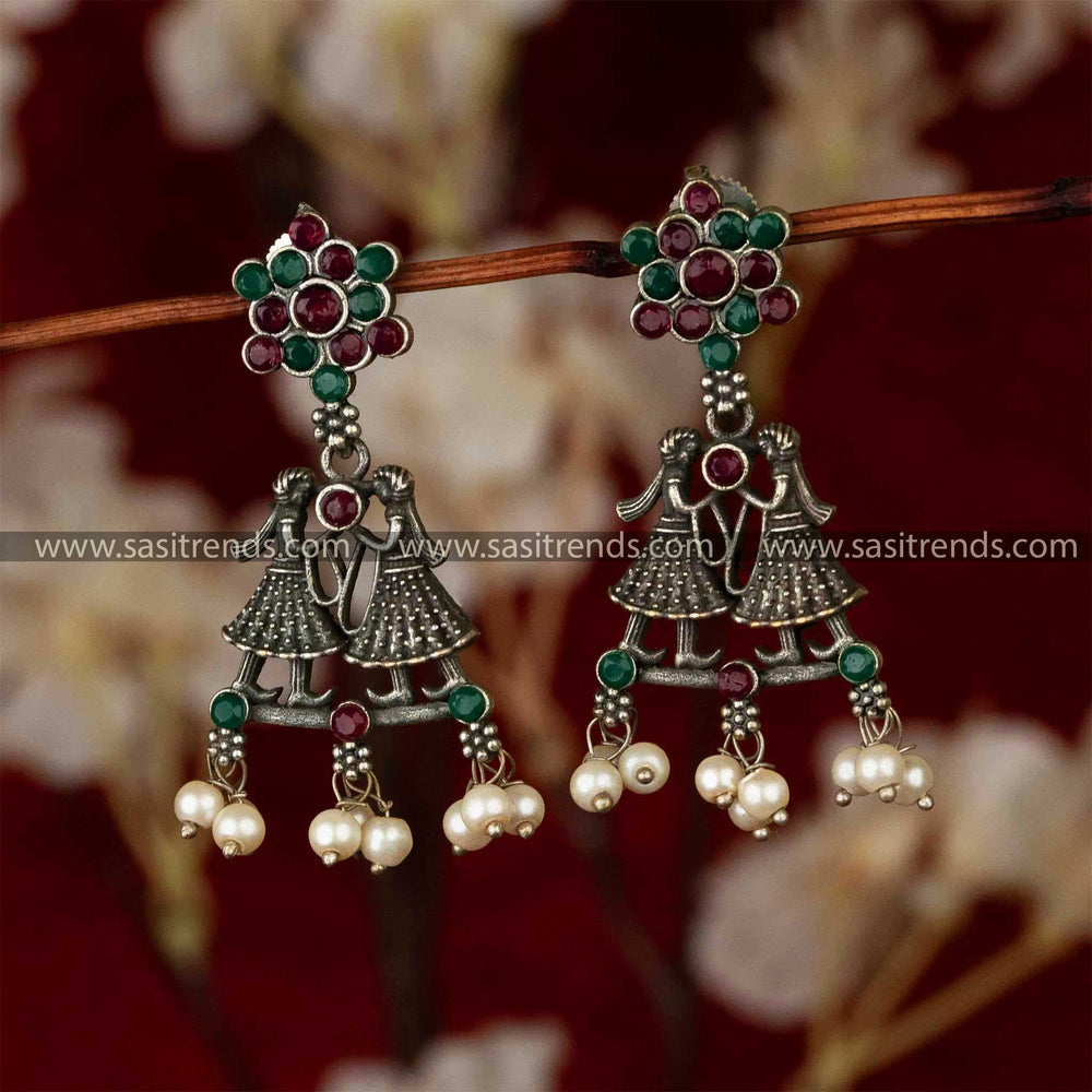 Latest Oxidised Silver Ruby Green Stone Stud Love Dance Earrings Sasitrends