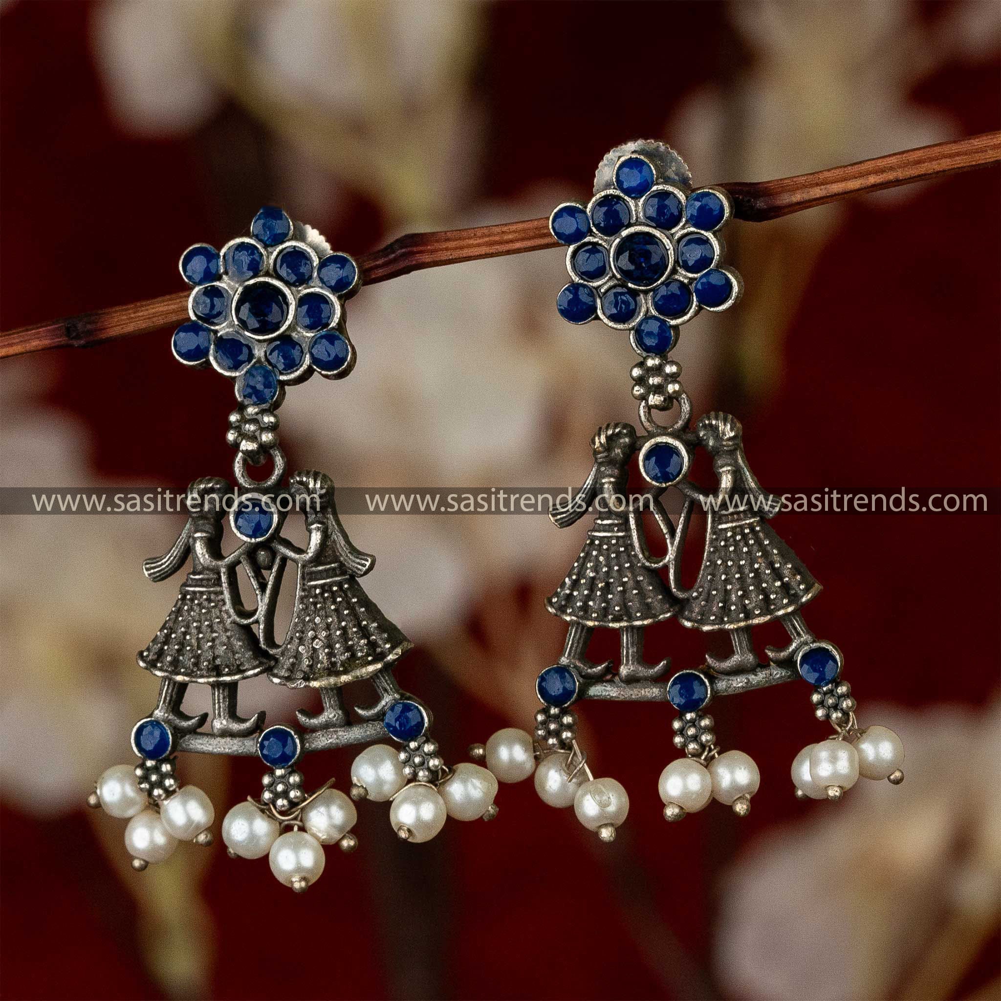 Trendy Oxidised Silver Blue Stone Stud Love Dance Pearl Earrings Sasitrends