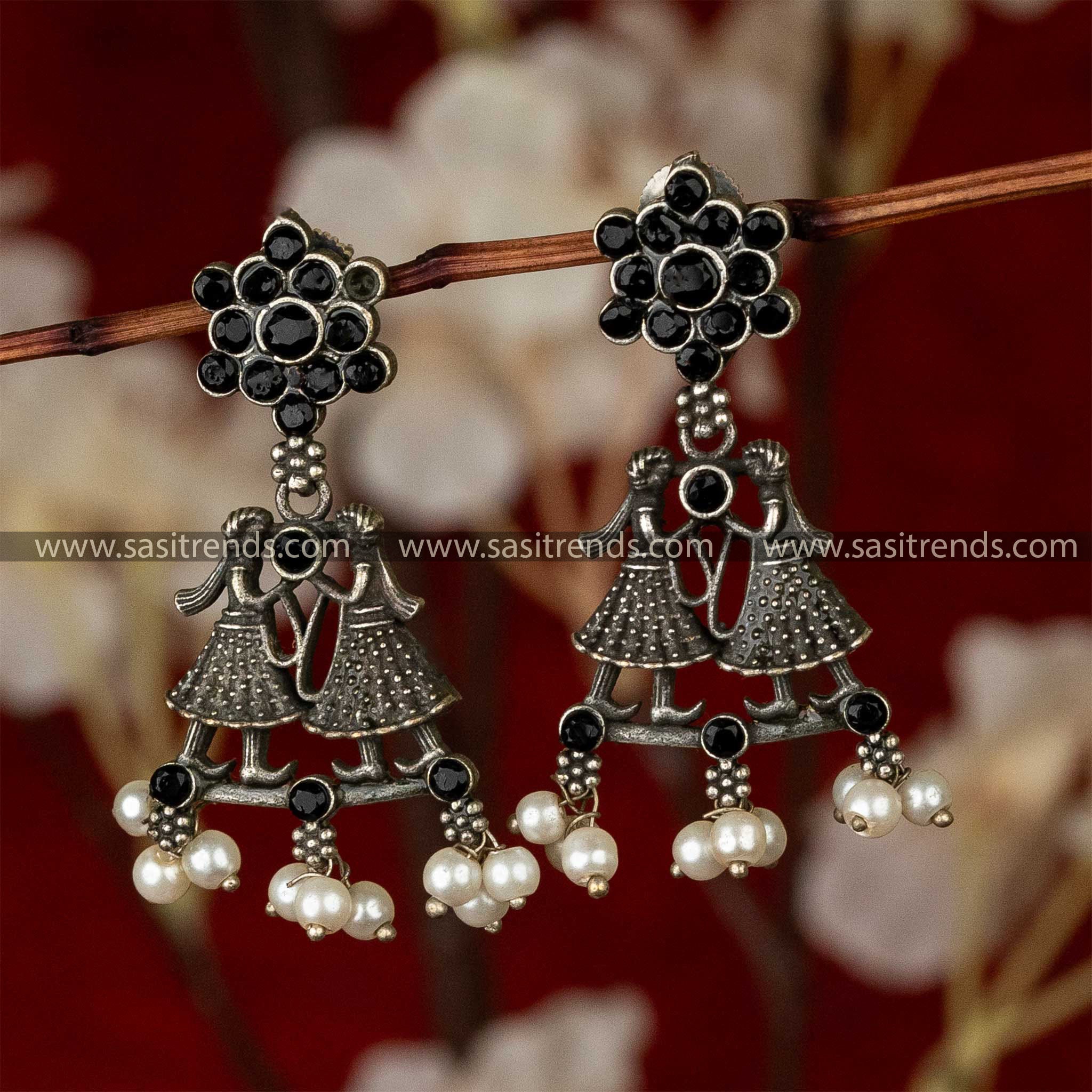 Trendy Oxidised Silver Regal Union Black Stone Stud Pearl Earrings Sasitrends Online