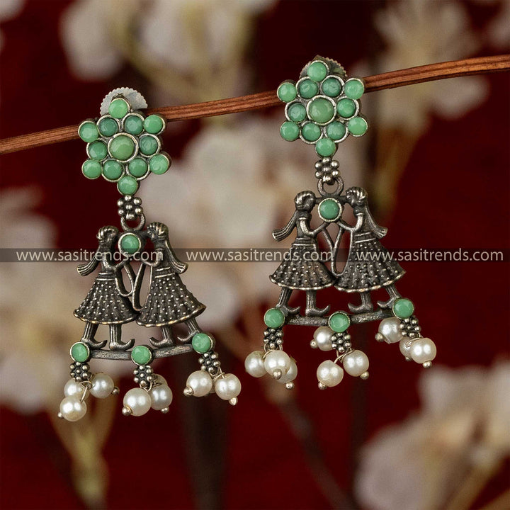 Trendy Oxidised Silver Regal Union Light Green Stone Stud Earrings Sasitrends