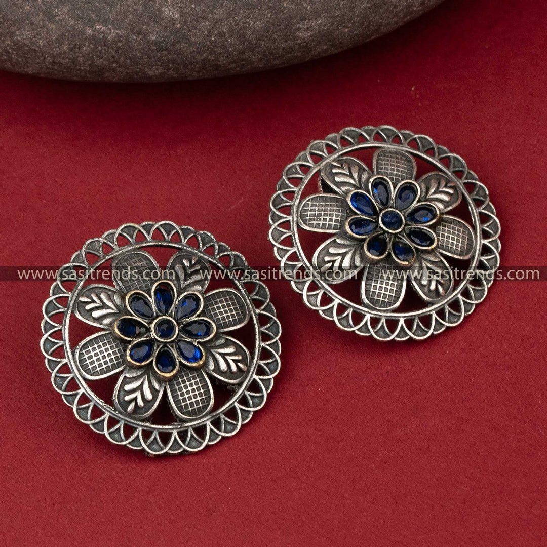 Blue Stone Stud Floral Designer Delicate Oxidised Earrings Online Shopping