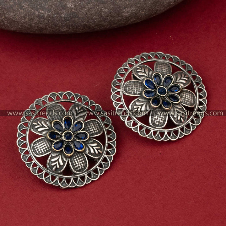 Oxidised Silver-Lookalike Circular Earrings with Floral Motif - Sasitrends