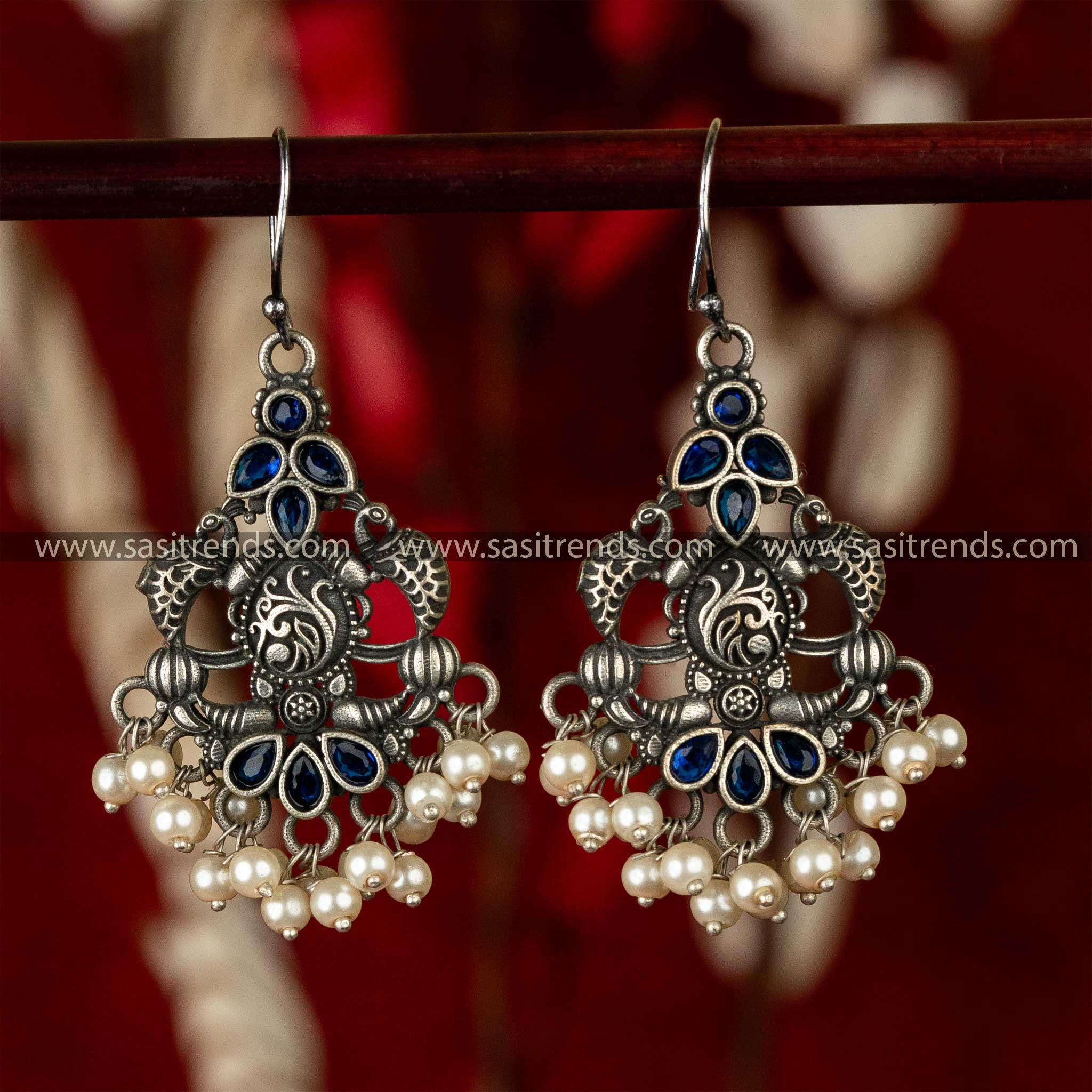 Blue Stones Stud Silver Look Trendy Oxidised Peacock Motif Pearls Earrings