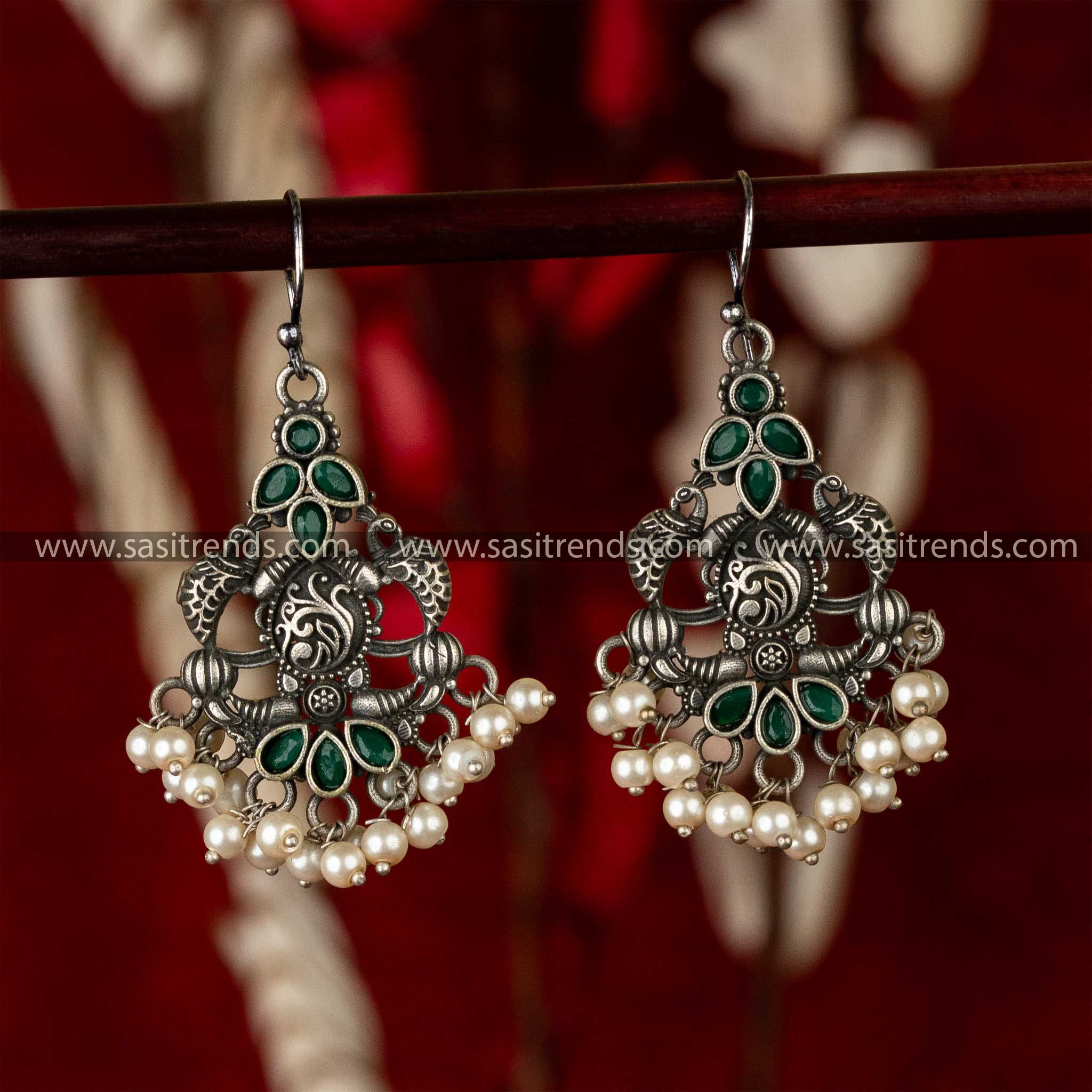 Green Stones Stud Silver Look Oxidised Peacock Pattern Hanging Earrings