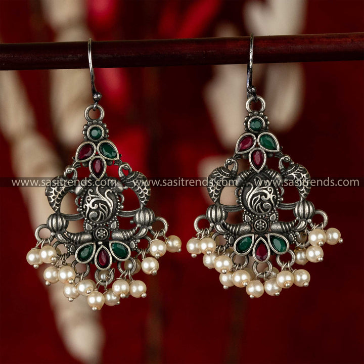 Latest Silver Look Oxidised Ruby Green Stones Pearls Hanging Earrings Sasitrends 