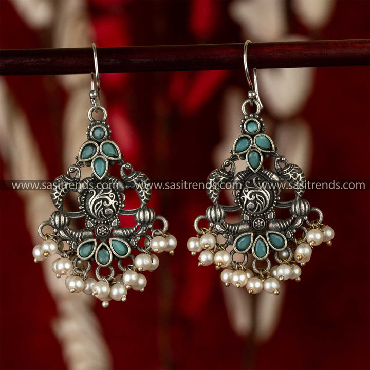 Trendy Traditional Mint Stines Stud Peacock Designer Pearls Earrings Sasitrends