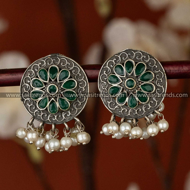 Elegant Silver-Look Oxidised Circular Earrings with Flower Pattern and Pearls