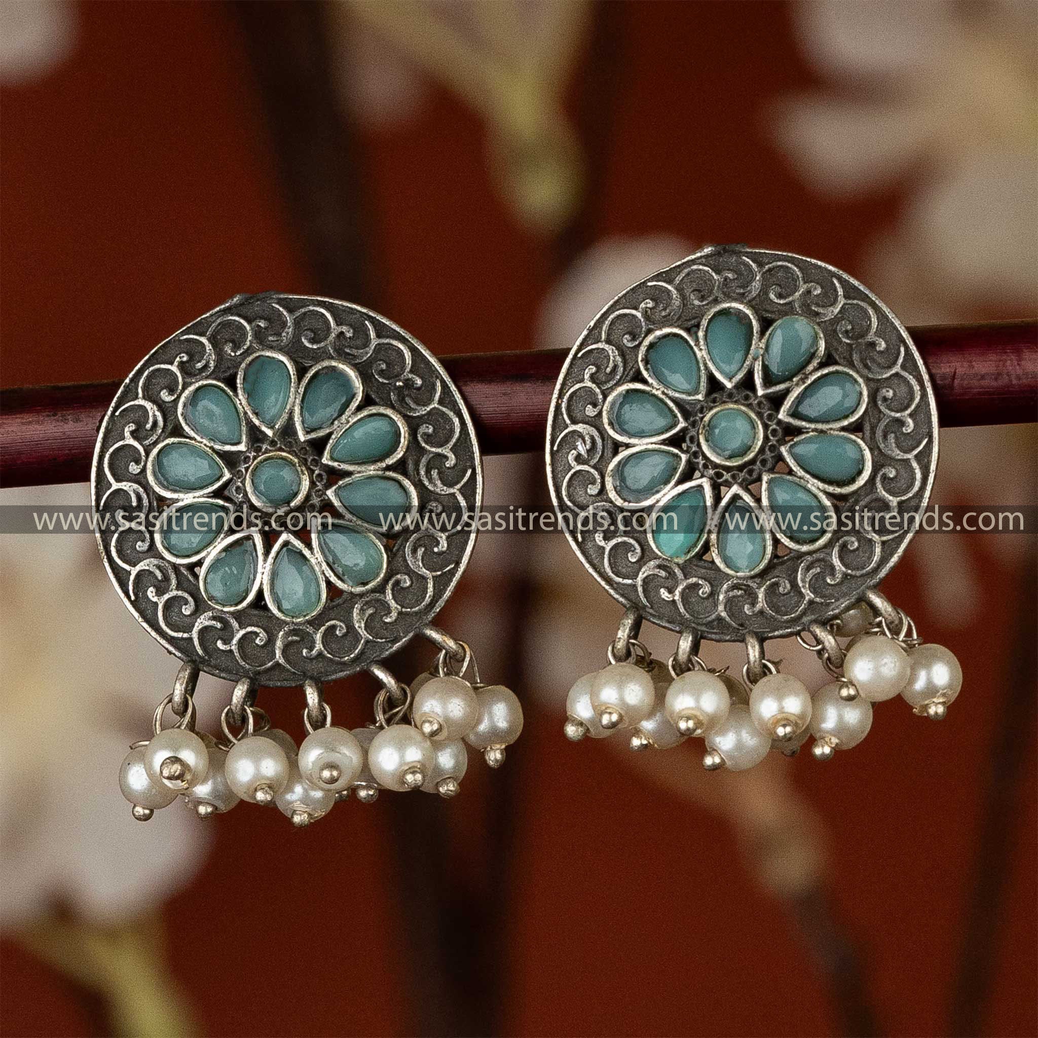 Latest Oxidised Floral Mint Stones Studded Pearls Hanging Earrings Sasitrends Online Shopping