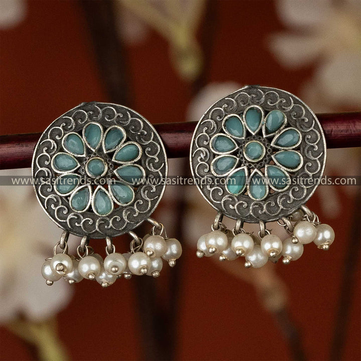 Latest Oxidised Floral Mint Stones Studded Pearls Hanging Earrings Sasitrends Online Shopping