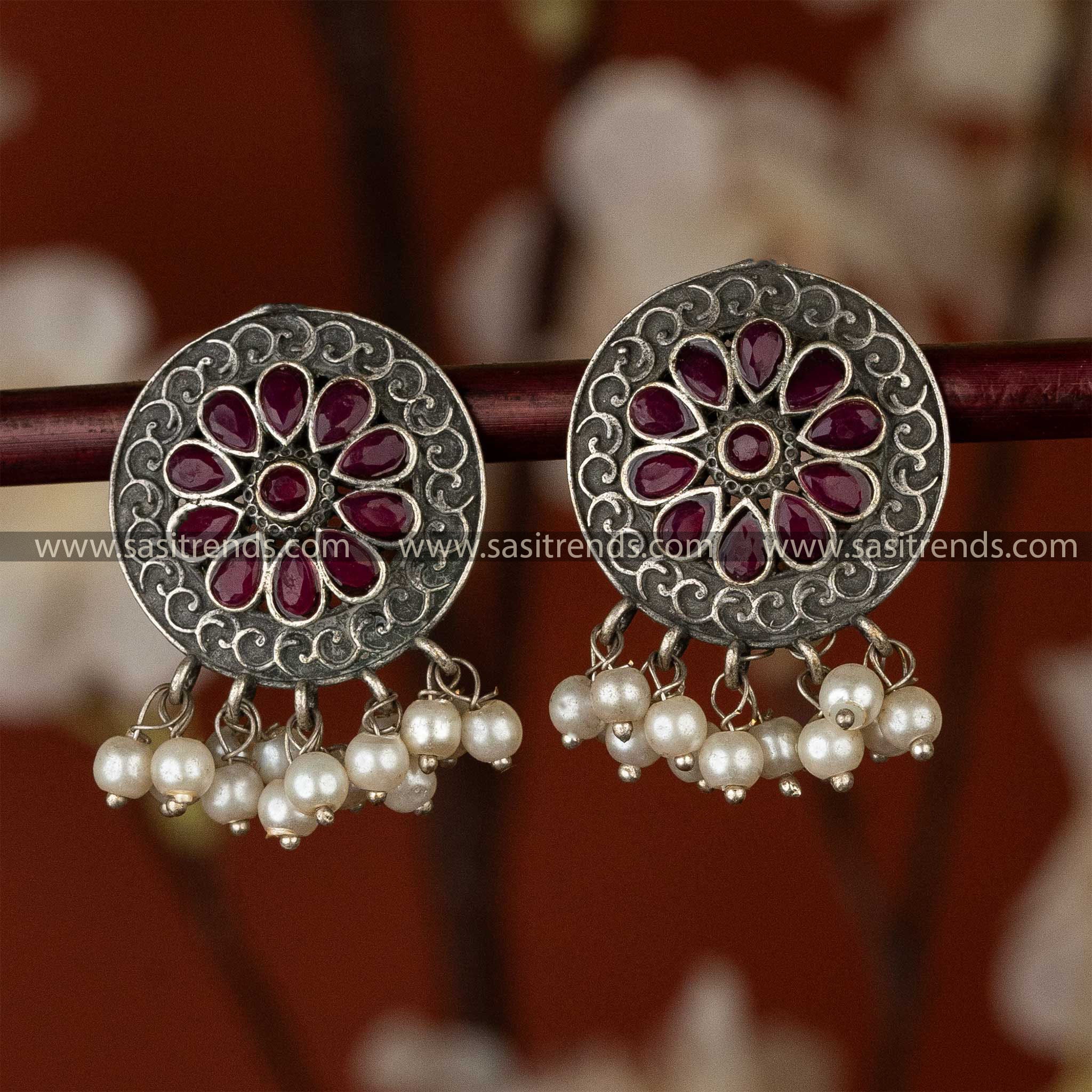 Ruby Stones Stud Latest Oxidised Floral Pattern Pearl Earrings