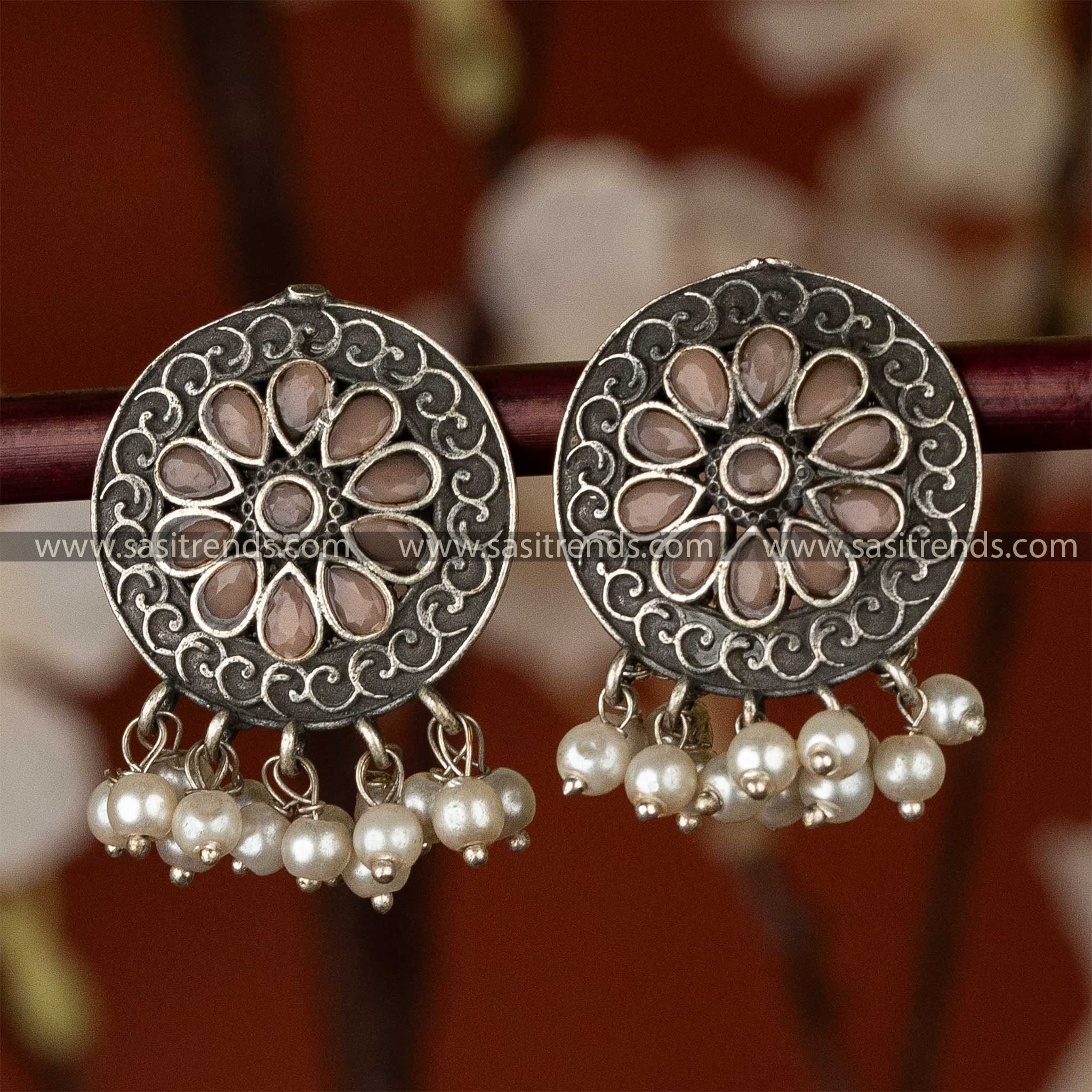 Pink Stones Oxidised Floral Pattern Pearls Hanging Earrings Sasitrends Online Shopping